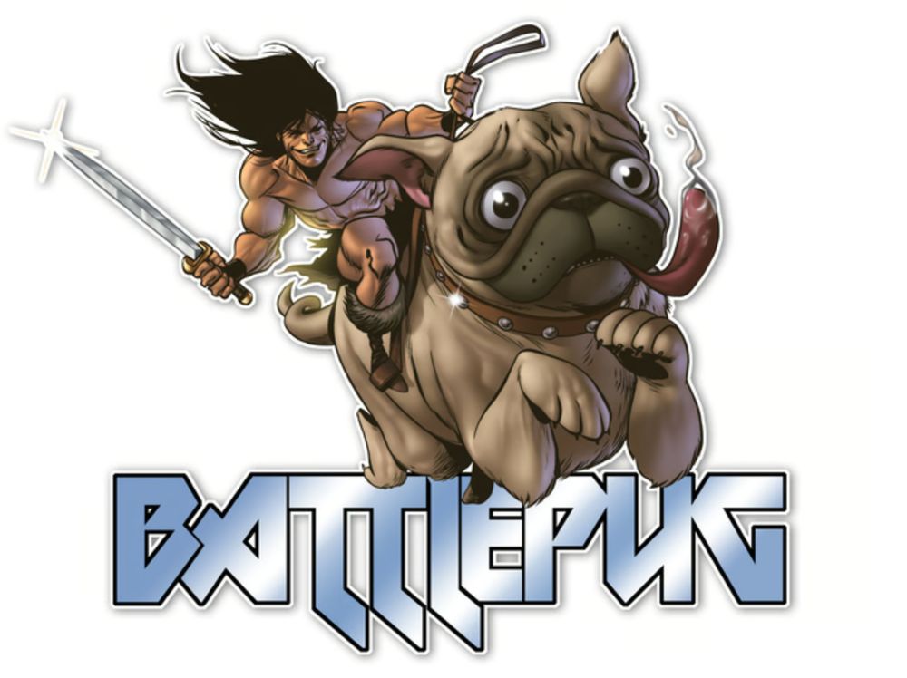 An image of a dude with a sword riding a giant pug (dog) into batte. Metallic text underneath reads "BATTLEPUG"