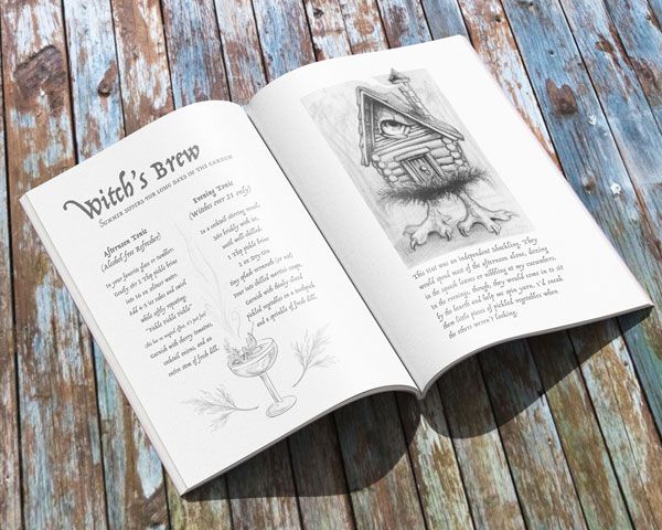 Mock-up photo of a book lying open on a weathered wood table. The book is in black and white. The text is mostly unreadable, but the left side says "witch's brew" and appears to be a cocktail recipe, and the right side shows a drawing of a chicken-legged hut with some text under it. 