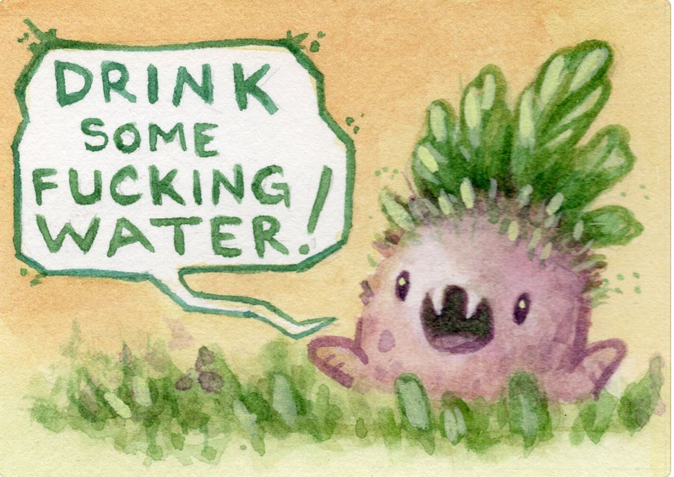 small watercolor painting with an orange background. The painting is of a small beet creature bursting out the ground and shouting "Drink some fucking water!"