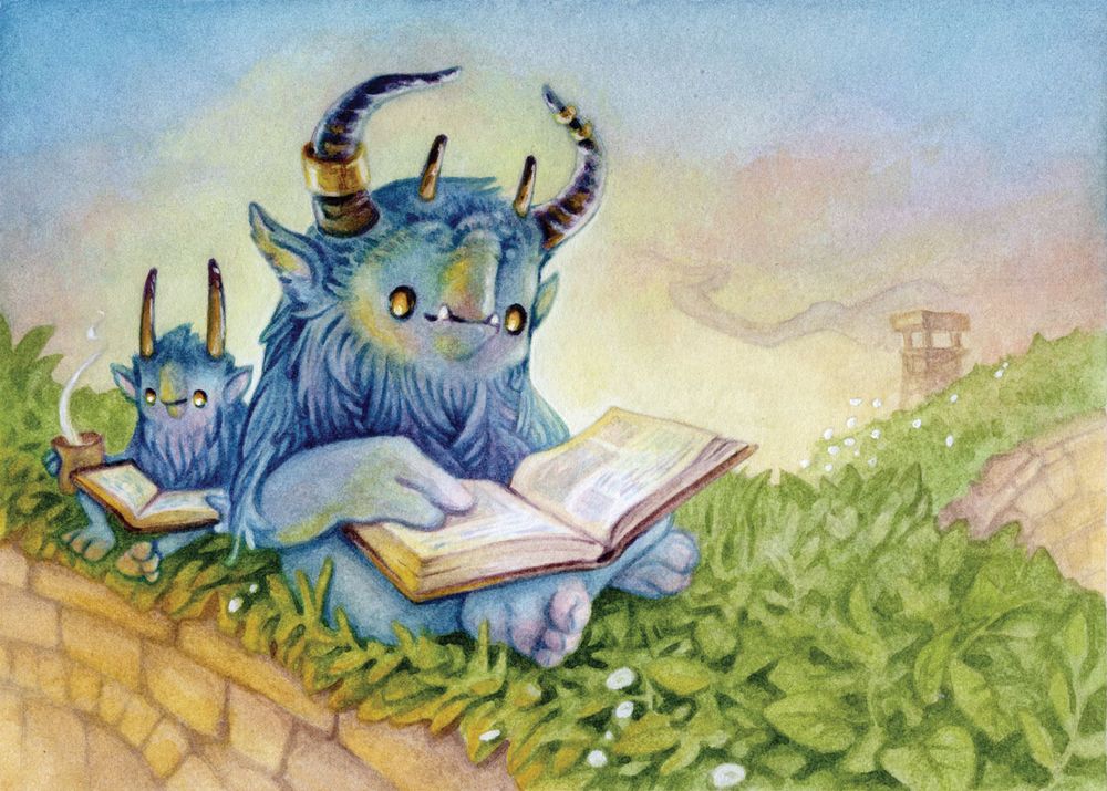 watercolor painting: two blue creatures with horns are sitting in leafy green hills while reading books. The small one on the left has a mug of tea. The sun is setting and they look very cozy. 