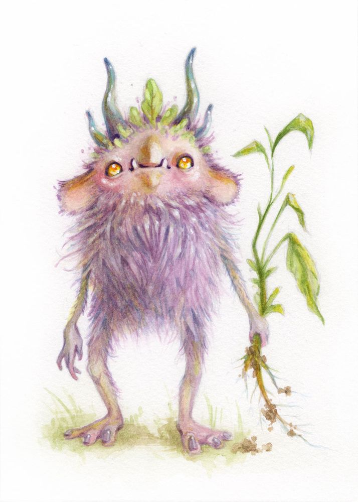 A watercolor painting of a purple furry creature with four blue and sparkly horns. It has an overbite with two fangs peeking out and big pink ears. It's holding a weed that's been pulled up by the roots. It's eyes are golden and looking up at something - it seems to have been interrupted in its gardening work.