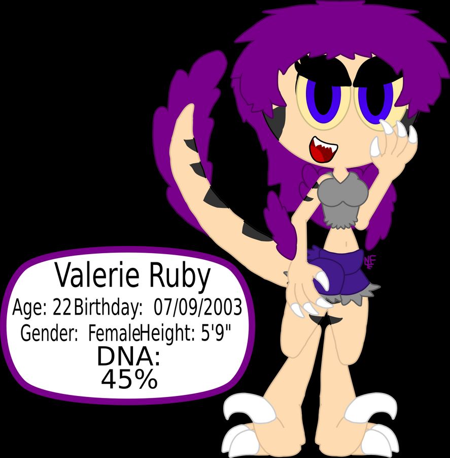 Valerie Ruby:

A girl who loves the thrill of everything, but being a velociraptor, she craves meat, even human meat, and can go full on predator w is starving. When you near her, you'd better pray that she isn't hungry or else...