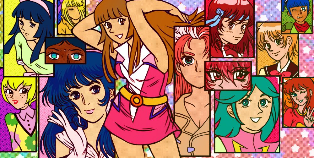 group shot of various girls from mecha works: 
-erika (daimos)
-ALICE (gundam sentinel)
-lalah (gundam 0079)
-ilana (sym-bionic titan)
-minmay (SDF macross)
-sayaka (mazinger z)
-sara (dancouga)
-noriko (gunbuster)
-hikaru (rayearth)
-chizuru (combattler v)
-hitomi (escaflowne)
-maria (grendizer)
-rag (xabungle)