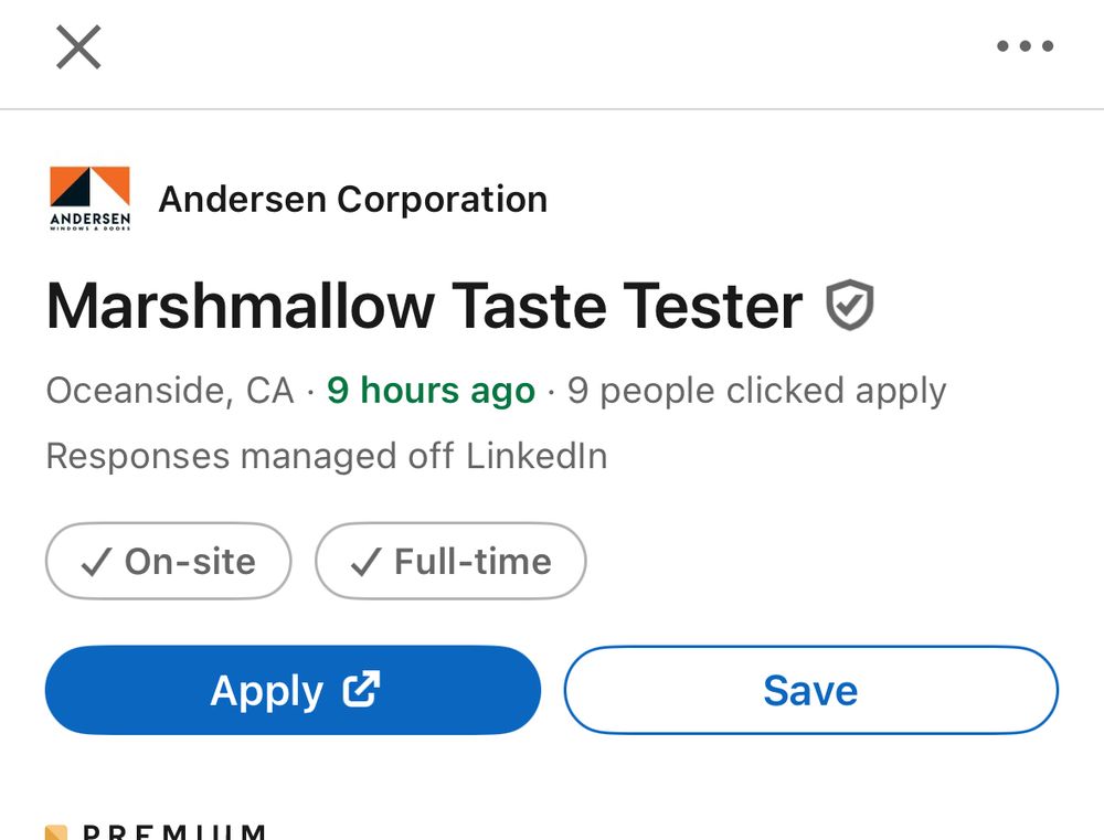 A screen cap of part of a LinkedIn posting. At the top is the Anderson corporation name and logo below is marshmallow taste tester Oceanside California nine hours ago. Nine people clicked apply.