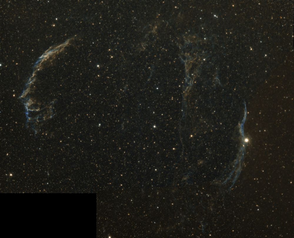 The Veil Nebula supernova remnant, the western bright component at left, the eastern ("Witch's Broom) component at right. Pickering's Triangle snakes faintly between the two.
