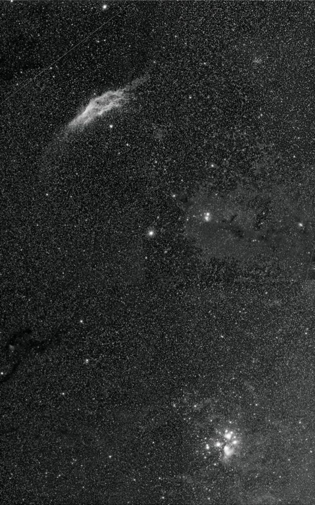 The Pleiades at the bottom right, the California Nebula at the top. 

The background Milky Way with dark nebulae between the two.