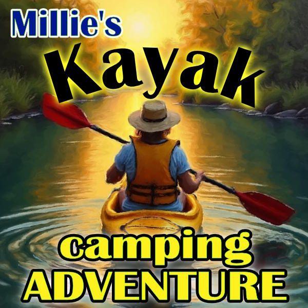 A woman wearing a sunhat in a yellow kayak paddling alone down a narrow overgrown river at sunset