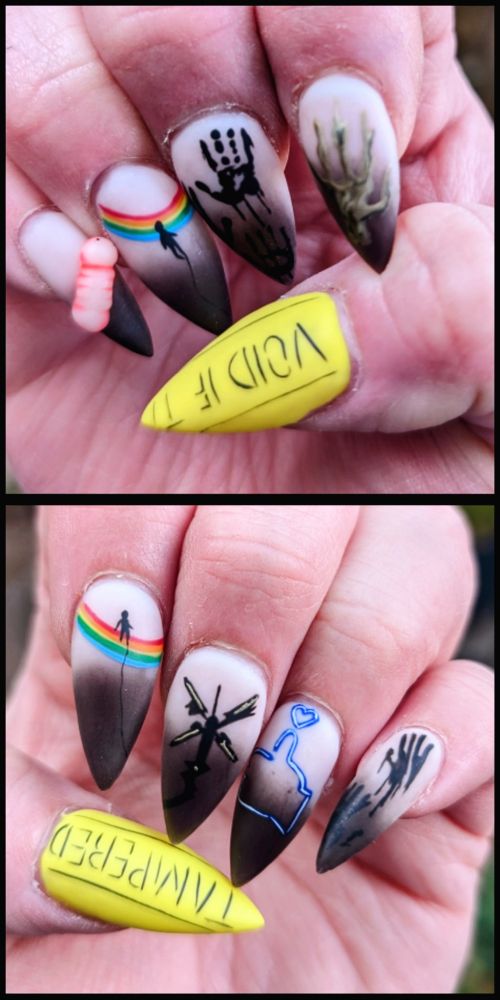 Acrylic nails with a different design on every nail relating to the game death stranding 2. 