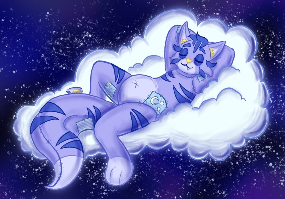 digital art of an anthro cat plushie (it/its) sleeping on a cloud. It is light periwinkle (blue-purple) in color with darker purple stripes. It has visible stitching and patches all over its body. The background is spacey with stars.