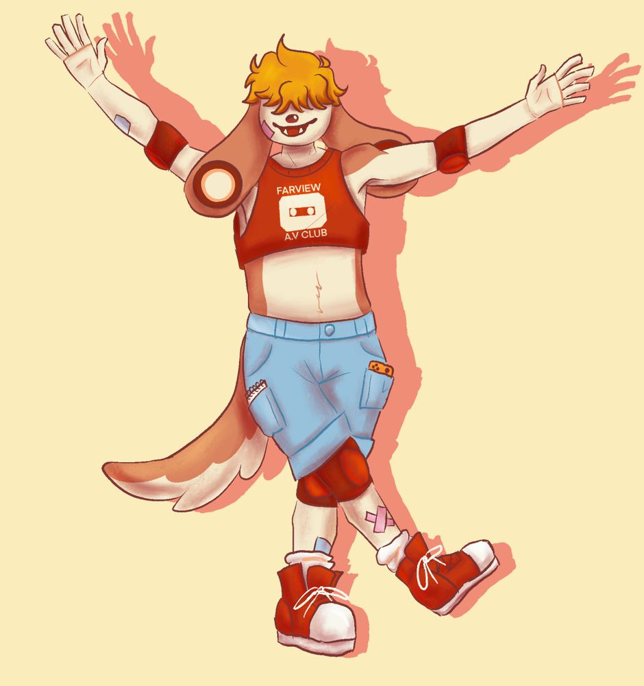 An illustration of an anthro dog. The dog has beige skin with light brown markings and golden orange hair that covers their eyes. Their large floppy ears have large gauges in them. They wear a red cropped tank top with a cassette icon and the text “Farview A.V Club” in all caps as well as blue jean shorts and red shoes. Their jean shorts have a small notebook and a handheld game console in their pockets. They have red arm and knee pads and pink and blue bandages on their legs, arm, and face. Their arms are held up and outstretched in excitement and they are smiling with an open mouth. 