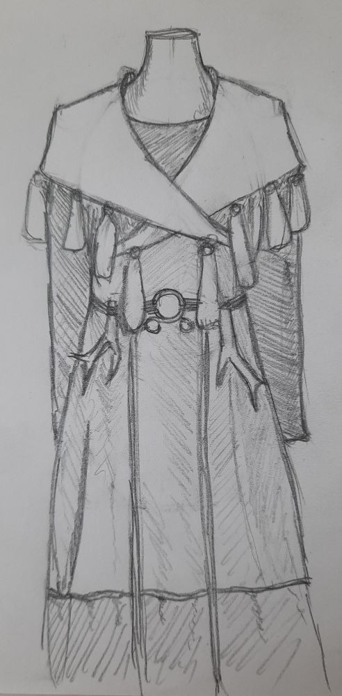 Sketch of a druidic robe with a scarf wrapped around the shoulders 