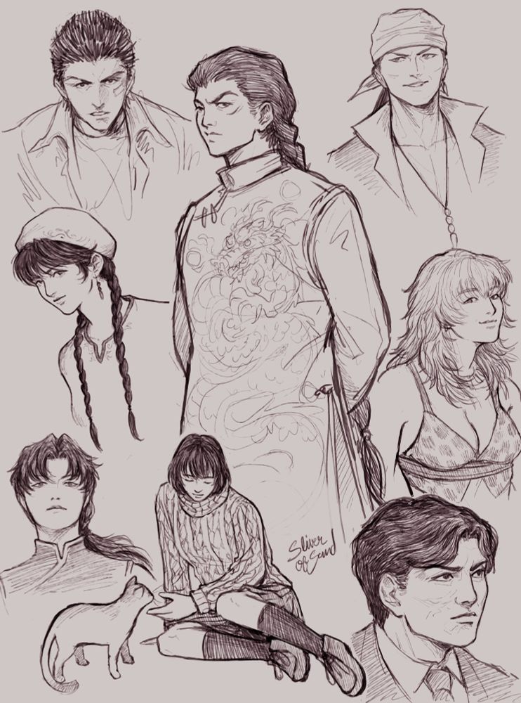 A digital sketch of 8 characters from Shenmue; from top left to right: Ryo from shoulders up, Lan Di from waist up, Ren from shoulders up, Shenhua, Joy from waist up, Xiuying from shoulders up, Nozomi sitting with a cat, and Guizhang from shoulders up.