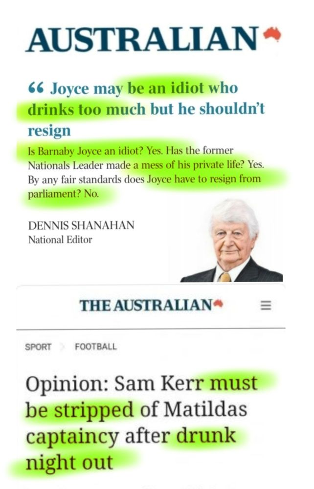 Australian Newspaper editorials 12 months apart. Barnaby mustn't resign for being drunk but Matilda's soccer captain should.