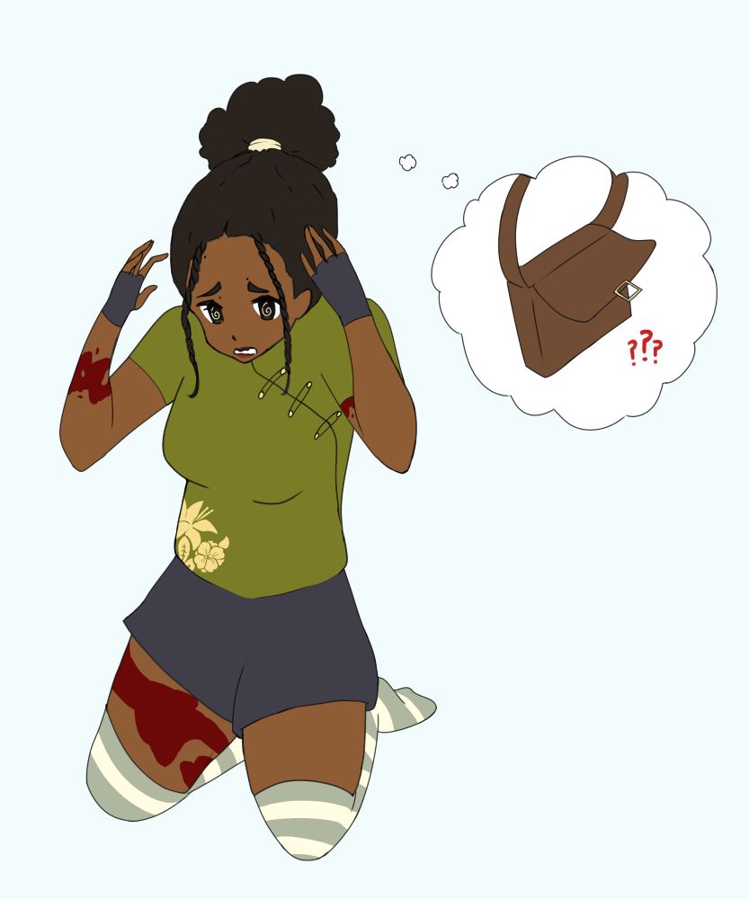 An illustration of girl with dark brown skin and black thick hair kneeling in panic, thinking of her lost messenger bag