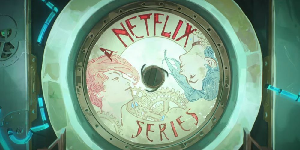 screenshot of the Arcane opening with "A Netflix Series" written on a disc with an image on the left of Vi and on the right of Jinx