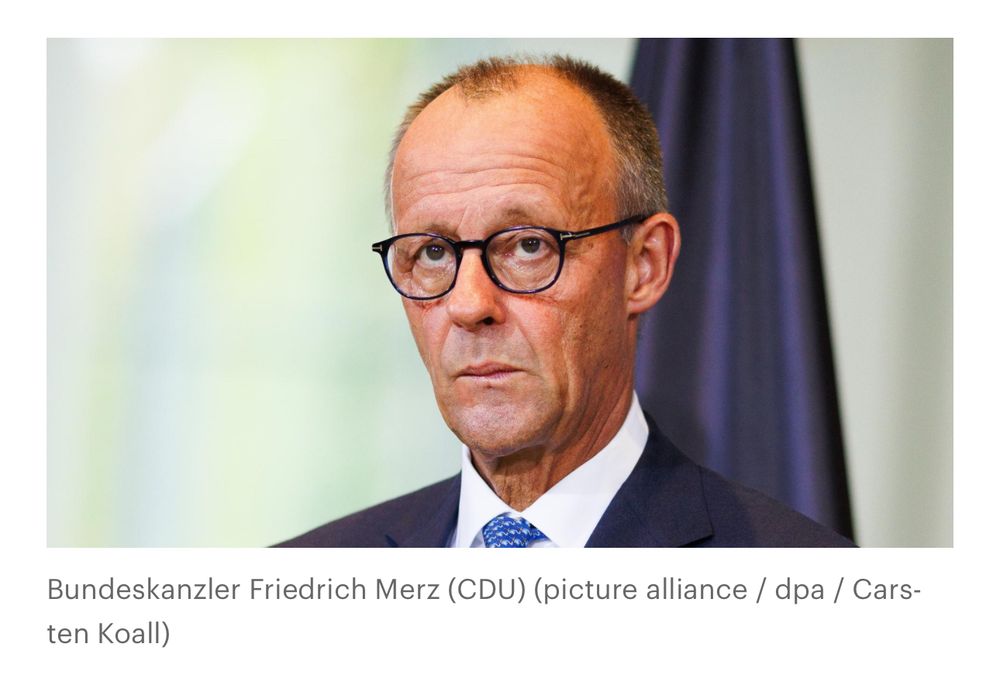 Merz im Profil, sauer guckend. 
Quelle 

https://www.deutschlandfunk.de/problem-im-stadtbild-merz-aeusserung-ueber-migranten-loest-kontroverse-aus-100.html