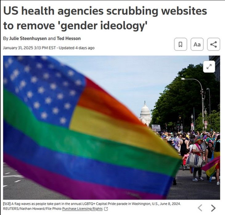 Reuters article from January 31st, 2025. Image shows a pride flag in the foreground with pride festivities in the background. Headline reads "US health agencies scrubbing websites to remove 'gender ideology'".