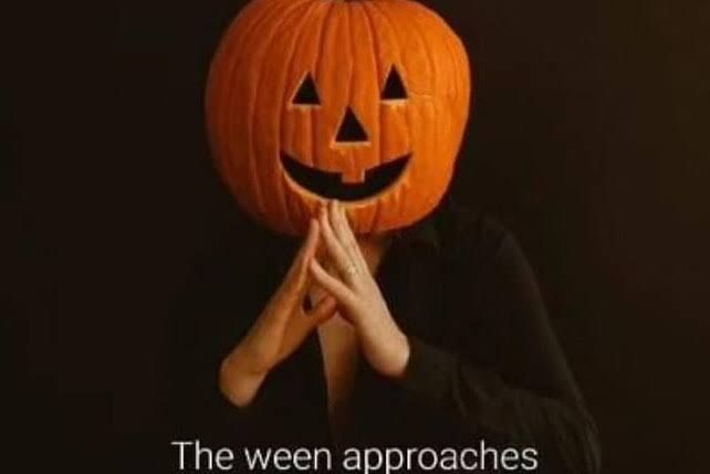 Man in pumpkin mask steeples his hands Text: The ween approaches 