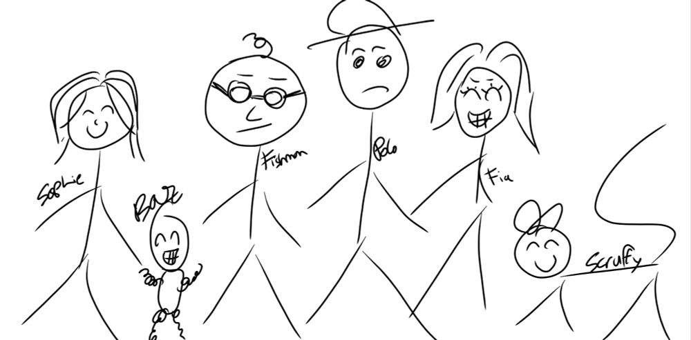 Stick figures (L to R) A girl named Sophie, small robot named Baz, chap in goggles called Fishman, man in a hat called Polo, woman named Fia, and Scruffy looking wolf named Scruffy.