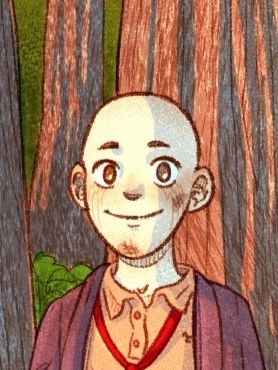 A cute kid looking a bit scruffy, wearing some rumpled clothes, standing in a forest looking blissfully happy.