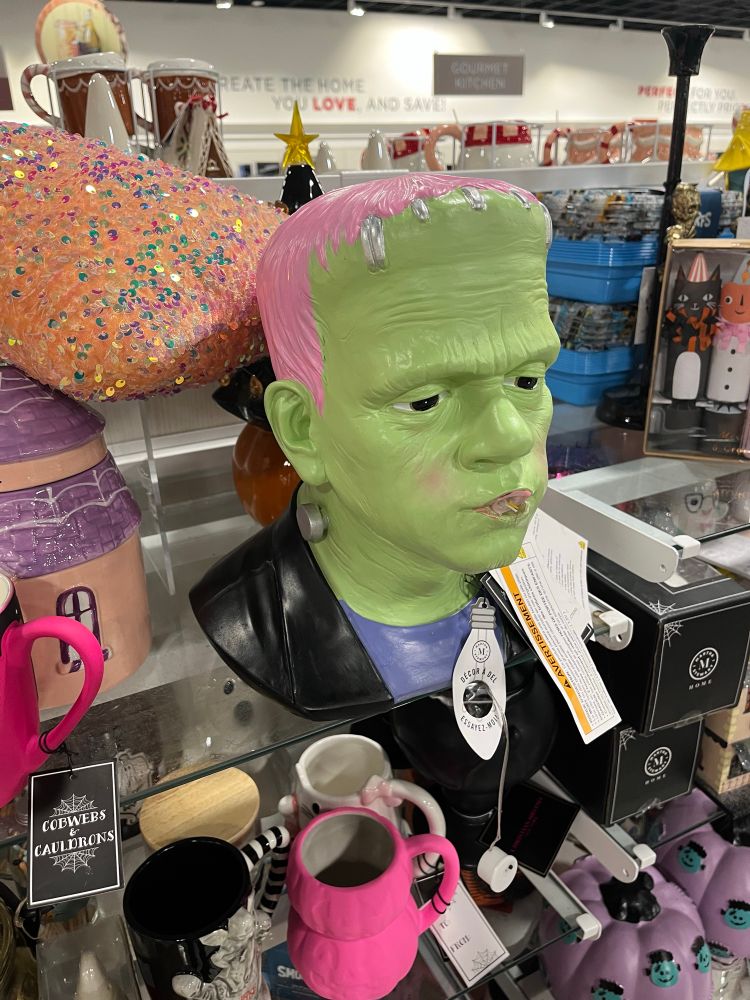 Frankenstein with pink hair and some blush makeup