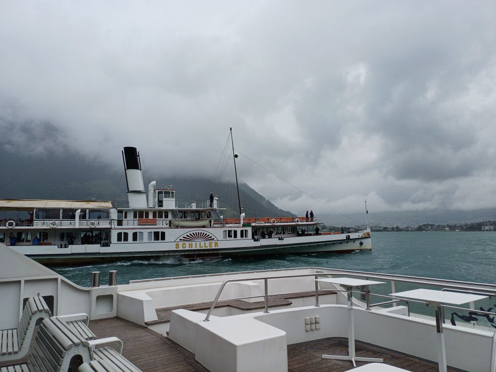 A restored steamboat on the lake. My view is from another ship.