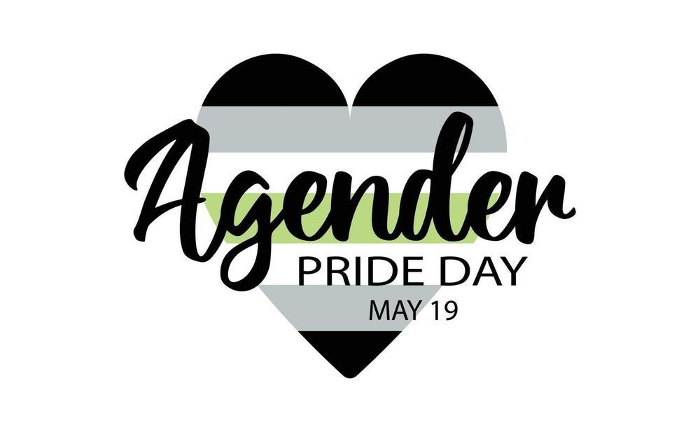 Graphic: A heart coloured with the agender flag with the text "Agender Pride Day May 19"