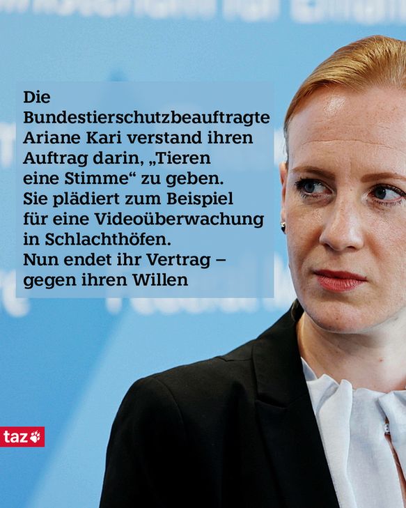 Bildbeschreibung: Ein Foto von Ariane Kari. Dazu der Text: 1)
Die Bundestierschutzbeauftragte Ariane Kari verstand ihren Auftrag darin, „Tieren eine Stimme“ zu geben. Sie plädiert zum Beispiel für eine Videoüberwachung in Schlachthöfen. Nun endet ihr Vertrag – gegen ihren Willen
