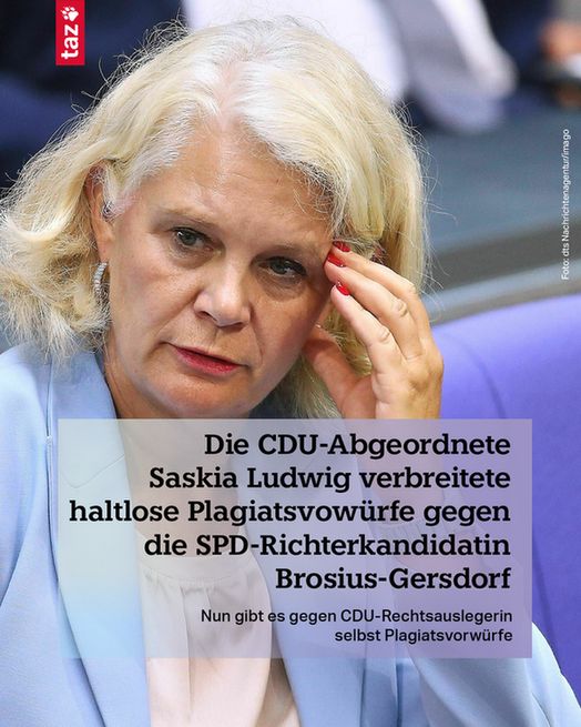 Die CDU-Abgeordnete Saskia Ludwig verbreitete haltlose Plagiatsvowürfe gegen die SPD-Richterkandidatin Brosius-Gersdorf

Nun gibt es gegen CDU-Rechtsauslegerin selbst Plagiatsvorwürfe