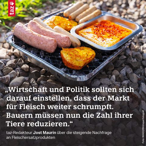 Das Bild zeigt eine Variation von vegetarischem Grillgut auf einem Einweggrill. Dazu das Zitat von taz-Redakteur Jost Maurin über die steigende Nachfrage an Fleischersatzprodukten: „Wirtschaft und Politik sollten sich darauf einstellen, dass der Markt für Fleisch weiter schrumpft. Bauern müssen nun die Zahl ihrer Tiere reduzieren.“ 