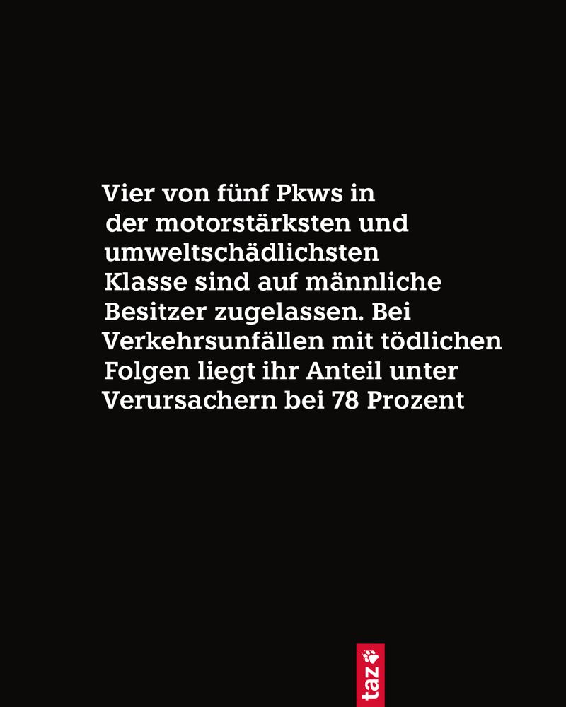 Bild, nur Text: Vier von fünf Pkws in der motorstärksten und umweltschädlichsten Klasse sind auf männliche Besitzer zugelassen. Bei Verkehrsunfällen mit tödlichen Folgen liegt ihr Anteil unter Verursachern bei 78 Prozent