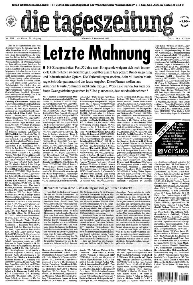 8.12.2000: Letzte Mahnung. Statt eines Titelfotos sind Namen von Unternehmen aufgelistet, die NS-Zwangsarbeiter nicht entschädigen wollen 