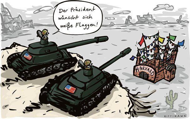 Ein Comic, auf dem Panzer mit US-amerikanischen Flaggen auf Harvard zielen. Ein Mensch ruft aus einem Panzer: „Der Präsident wünscht sich weiße Flaggen!“