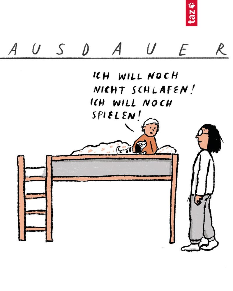 Die Frau steht neben einem Hochbett, auf dem ein Kind mit Kuscheltier-Hund sitzt und sagt: "Ich will noch nicht schlafen! Ich will noch spielen!"