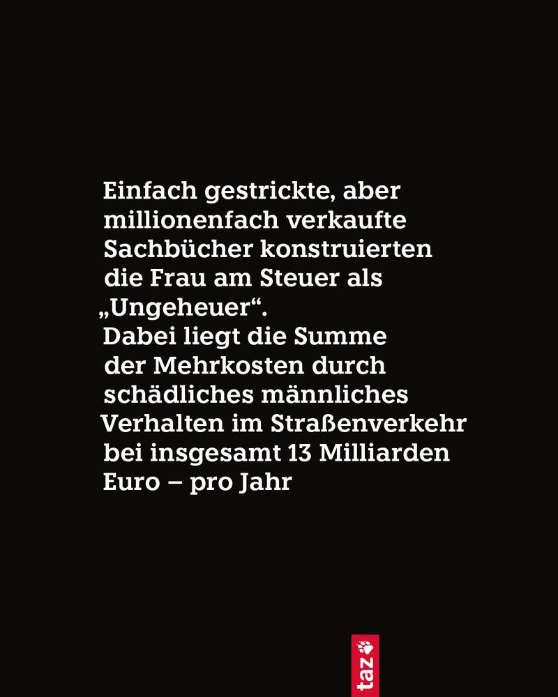  Bild, nur Text: Einfach gestrickte, aber millionenfach verkaufte Sachbücher konstruierten die Frau am Steuer als „Ungeheuer“. 
Dabei liegt die Summe der Mehrkosten durch schädliches männliches Verhalten im Straßenverkehr bei insgesamt 13 Milliarden Euro – pro Jahr