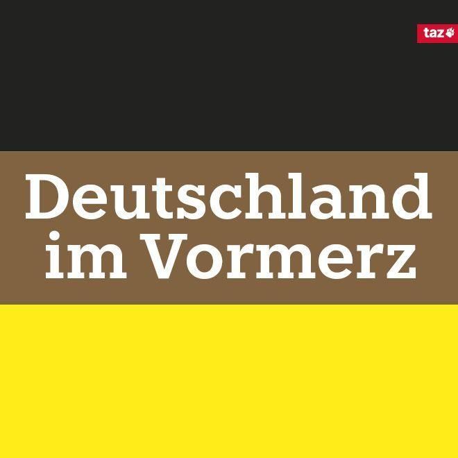 Grafik der taz-Titelseite vom 30.1.2025. Zeile: „Deutschland im Vormerz“. In der Optik einer Flagge sind drei farbige Balken, der obere schwarz, der mittlere braun, der untere gelb.