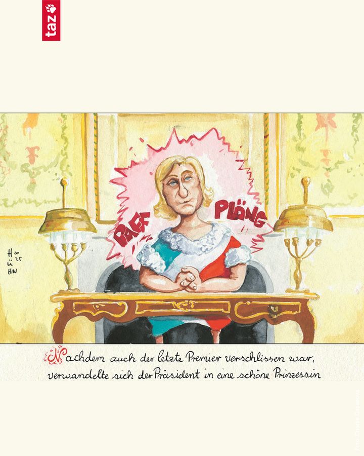 Eine Karikatur. Man sieht einen blonden Mann, der sich mit einem Knall in eine Frau mit Kleid in frz. Nationalfarben verwandelt. Darunter der Text: Nach auch der letzte Premier verschlissen war, verwandelte sich der Präsident in eine schöne Prinzessin.
