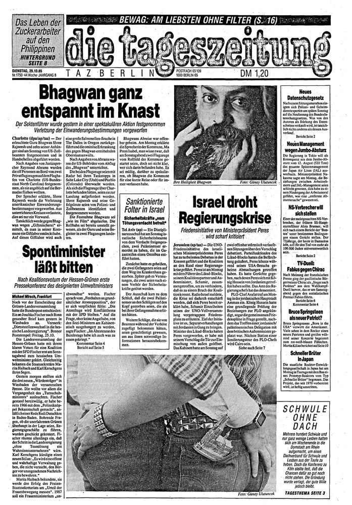 Die Titelseite der taz vom 29.10.1985: Bhagwan ganz entspannt im Knast