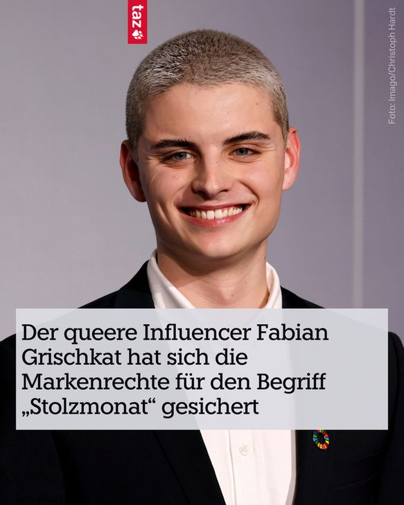 Bildbeschreibung: Ein Foto von Fabian Grischkat. Dazu der Text: Der queere Influencer Fabian Grischkat hat sich die Markenrechte für den Begriff „Stolzmonat“ gesichert