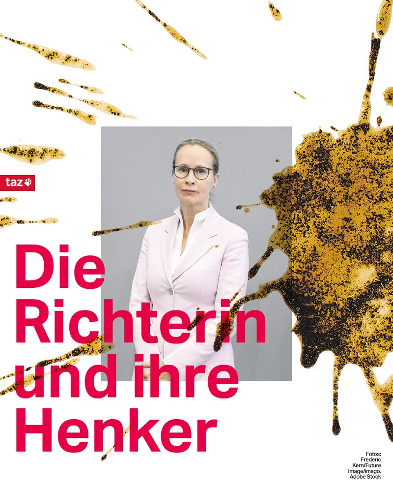Foto von Frauke Brosius-Gersdorf mit einem braunen Fleck beschmiert. Zeile: Die Richterin und ihre Henker