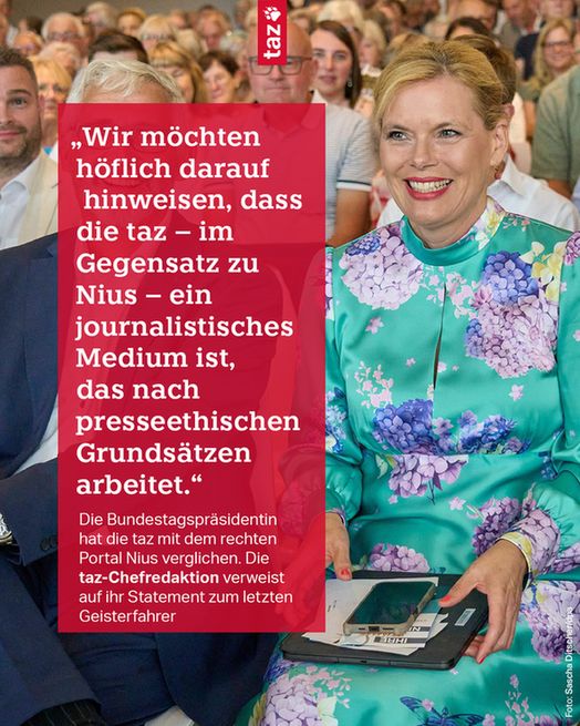 Julia Klöckner beim Sommerfest der CDU Koblenz am Sonntag. Text: „Wir möchten höflich darauf hinweisen, dass die taz – im Gegensatz zu Nius – ein journalistisches Medium ist, das nach presseethischen Grundsätzen arbeitet.“ Die Bundestagspräsidentin hat die taz mit dem rechten Portal Nius verglichen. Die taz-Chefredaktion verweist auf ihr Statement zum letzten Geisterfahrer 