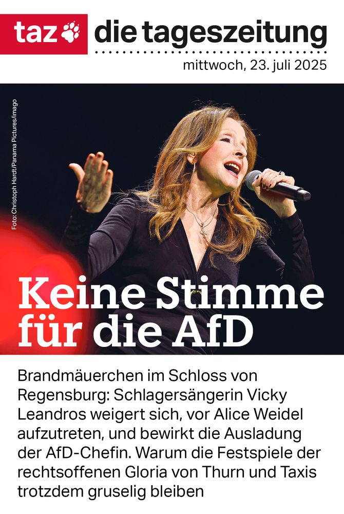 Bildbeschreibung: Die Titelseite der taz mit einem Foto der Schlagersängerin Vicky Leandros. Dazu die Überschrift: Keine Stimme für die AfD