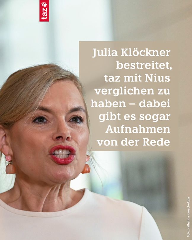 Foto von Julia Klöckner. Julia Klöckner bestreitet, taz mit Nius verglichen zu haben – dabei gibt es sogar Aufnahmen von der Rede