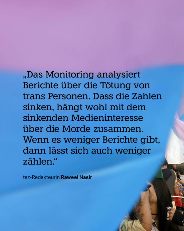 Text: „Das Monitoring analysiert Berichte über die Tötung von trans Personen. Dass die Zahlen sinken, hängt wohl mit dem sinkenden Medieninteresse über die Morde zusammen. Wenn es weniger Berichte gibt, dann lässt sich auch weniger zählen.“ 
