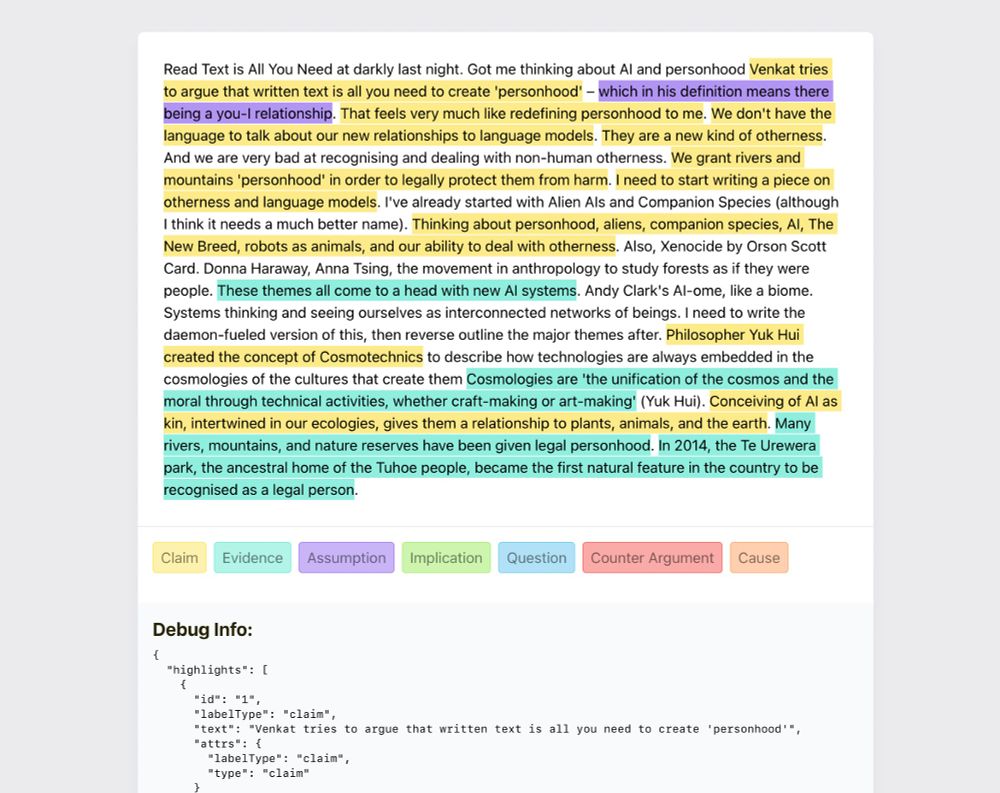A text editor with sentences highlighted in different colors. Below the text editor is a set of buttons that allows you to label the text as claims, evidence, assumptions, and other types of argument structures. Below that is a debugging info section where you can see some visible JSON.