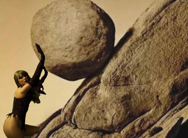 A picture of a rock on the hill with photoshopped Taylor Swift as if shes pushing it uphill.