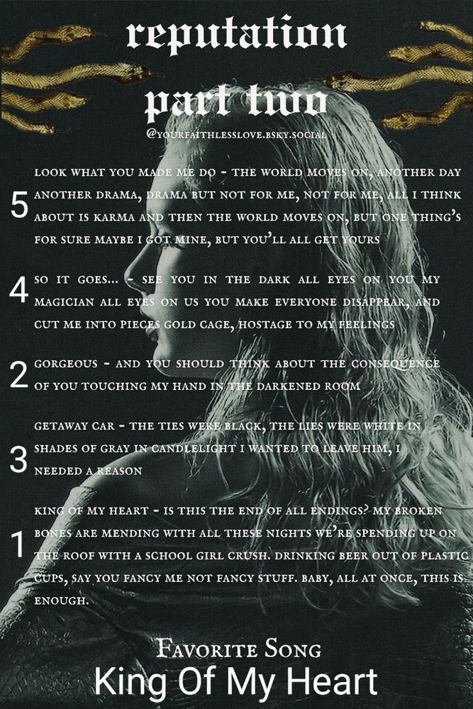 5 lwymmd
4 so it goes
2 gorgeous
3 getaway car
1 king of my heart
Favourite song: King of my heart 