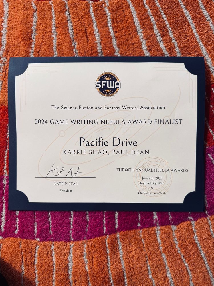 Official printed certificate for Pacific Drive as a 2024 Game Writing Nebula Award Finalist