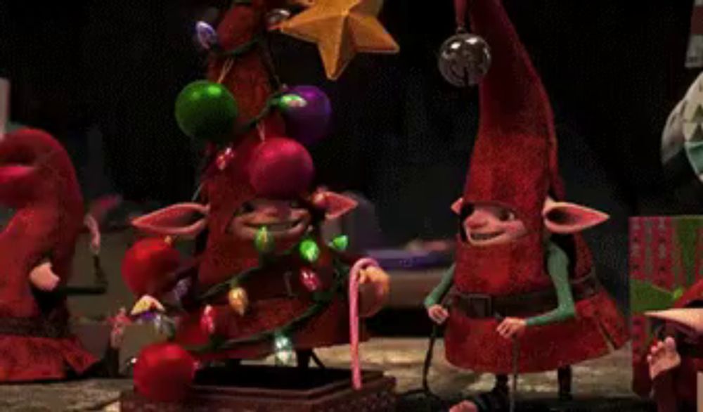 a group of gnomes are decorating a christmas tree with candy canes and lights