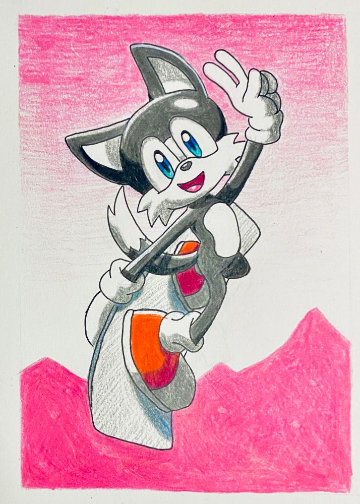 A traditional drawing of my Sonic the Hedgehog original character, Glacier the Siberian Husky, riding his snowboard and giving the audience a peace sign, made by miniluv73! 